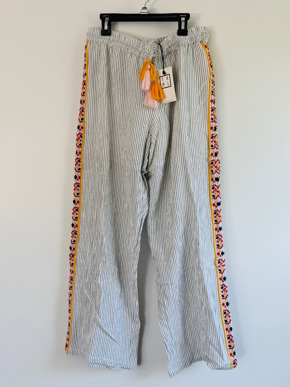 THML Striped Wide-Leg Pants with Embroidered Side Trim Linen blend.